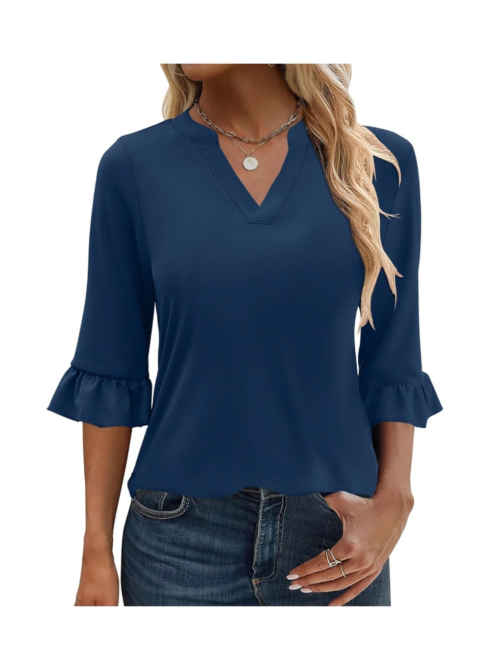 Women’s Navy V-Neck Ruffle Sleeve Blouse